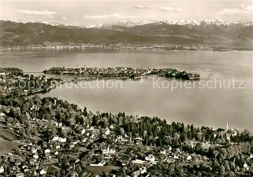 AK / Ansichtskarte Lindau_Bodensee Bad Schachen mit Bregenzerwald Bergen Alpen Fliegeraufnahme Lindau Bodensee