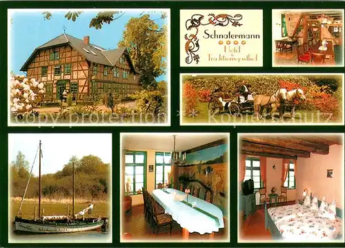 AK / Ansichtskarte Stuthof Schnatermann Hotel und Traditionsgasthof Gastraeume Zimmer Pferdekutsche Fischerboot Stuthof