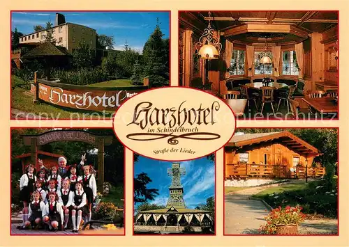 AK / Ansichtskarte Stolberg_Harz Harzhotel im Schindelbruch Restaurant Schindelstube Strasse der Lieder Josephskreuz Hotelblockhaus Stolberg Harz