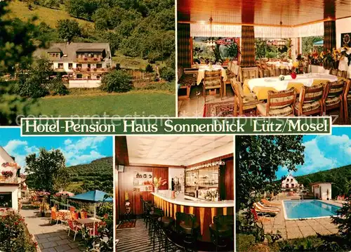 AK / Ansichtskarte Luetz Hotel Pension Haus Sonnenblick Gaststube Terrasse Bar Swimmingpool Luetz