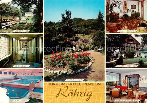 AK / Ansichtskarte Luetz Kurheim Hotel Pension Roehrig Liegewiese Kegelbahn hallenbad Park Kaminzimmer Garten Aufenthaltsraum Luetz