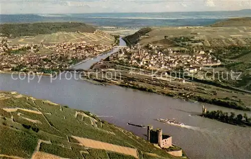 AK / Ansichtskarte Bingen_Rhein Burgruine Rossel Burg Ehrenfels Maeuseturm Nahemuendung und Bingerbrueck Fliegeraufnahme Bingen Rhein