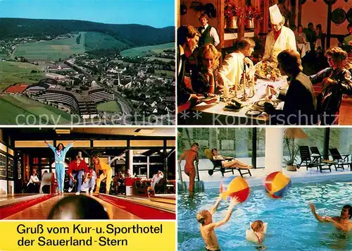 AK / Ansichtskarte Willingen_Sauerland Fliegeraufnahme Kur und Sporthotel Sauerland Stern Kegelbahnen Hallenbad Gastraum Willingen_Sauerland