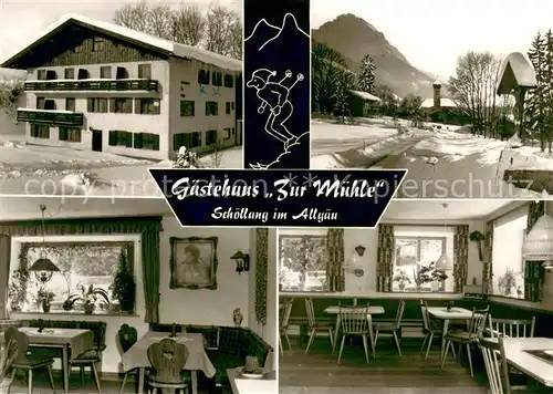 AK / Ansichtskarte Schoellang Gaestehaus Zur Muehle Gastraum Ortsmotiv im Winter Schoellang