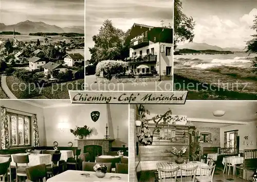 AK / Ansichtskarte Chieming_Chiemsee Cafe Pension Marienbad Gastraum Uferpartie am Chiemsee Alpenblick Bromsilber Chieming Chiemsee