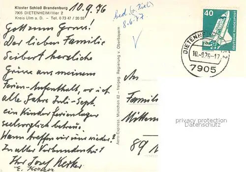 AK / Ansichtskarte Dietenheim_Iller Kloster Schloss Brandenburg an der Iller Fliegeraufnahme Dietenheim_Iller