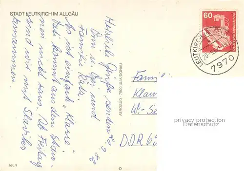 AK / Ansichtskarte Leutkirch Stadtzentrum Fliegeraufnahme Leutkirch