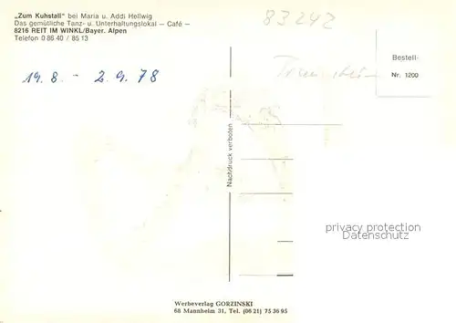 AK / Ansichtskarte Reit_Winkl Gasthof Zum Kuhstall Maria und Addi Hellwig Reit_Winkl