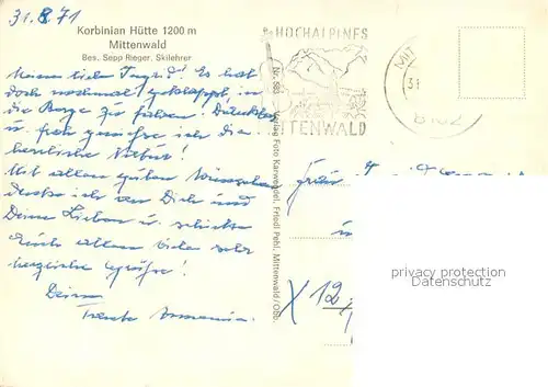 AK / Ansichtskarte Mittenwald_Bayern Korbinian Huette Terrasse Brunnen Mittenwald Bayern