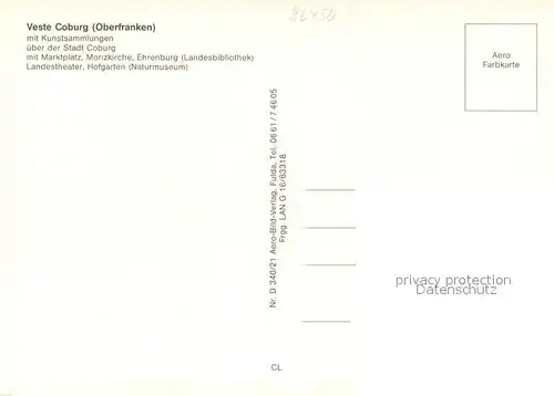 AK / Ansichtskarte Coburg Veste Marktplatz Morizkirche Ehrenburg Theater Hofgarten Fliegeraufnahme Coburg