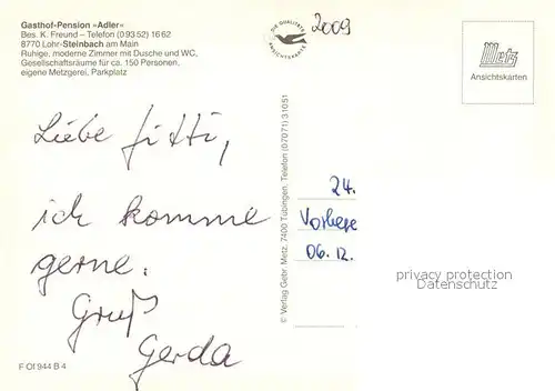 AK / Ansichtskarte Steinbach_Lohr_Main Gasthof Pension Adler Steinbach_Lohr_Main