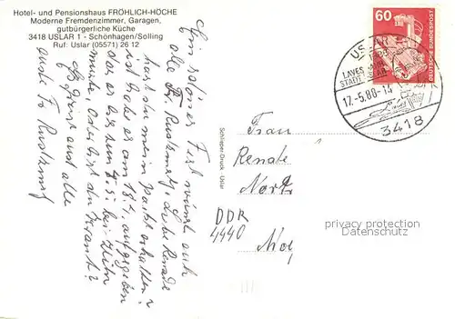 AK / Ansichtskarte Uslar_Solling Hotel Froehlich Hoeche Gaststube Terrasse Panorama Uslar_Solling