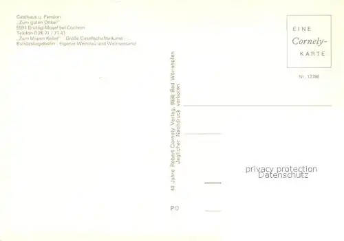 AK / Ansichtskarte Bruttig_Mosel Gasthaus Pension Zum guten Onkel Zum blauen Keller Cornely Karte Nr. 12786 Bruttig Mosel