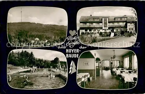 AK / Ansichtskarte Bischofsgruen Restauration Hoyer Baude Fernsehturm Schwimmbad Gastraum Bischofsgruen