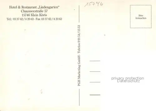 AK / Ansichtskarte Klein_Koeris Hotel Restaurant Lindengarten am Klein Koeriser See Gastraeume Zimmer Klein_Koeris
