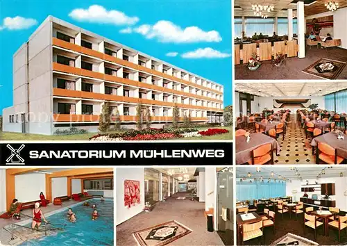 AK / Ansichtskarte Bad_Westernkotten Sanatorium Muehlenweg Gastraeume Saal Hallenbad Bad_Westernkotten