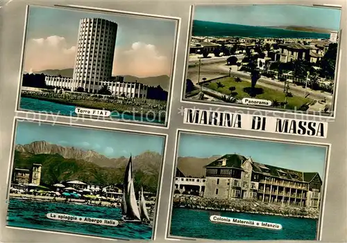 AK / Ansichtskarte Marina_di_Massa Torre FIAT Panorama La spiaggia e Albergo Italia Colonia Maternita e Infanzia Marina_di_Massa