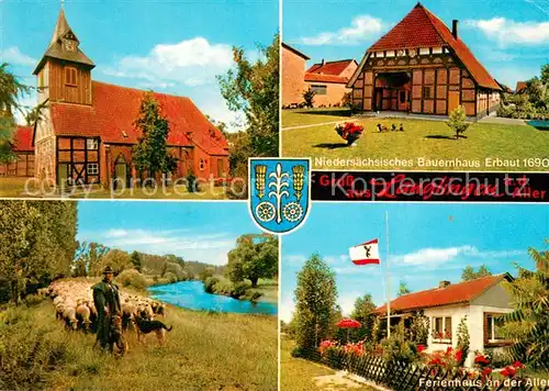 AK / Ansichtskarte Langlingen Kirche Niedersaechs Bauernhaus Schafherde Ferienhaus an der Aller Langlingen