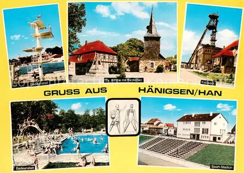 AK / Ansichtskarte Haenigsen Badeanstalt Ev Kirche mit Kirchplatz Kaliwerk Sport Stadion Haenigsen