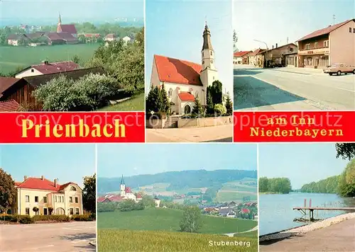 AK / Ansichtskarte Prienbach_Niederbayern Panorama Kirche Ortspartie Stubenberg Strand Prienbach Niederbayern