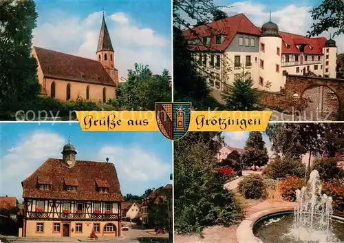 AK / Ansichtskarte Groetzingen_Karlsruhe Kirche Schloss Rathaus Brunnen Groetzingen Karlsruhe