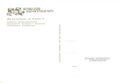 AK / Ansichtskarte Bad_Oeynhausen Kurklinik Kegelbahn Hallenbahn Speisesaal Lesezimmer Gymnastikraum Bad_Oeynhausen