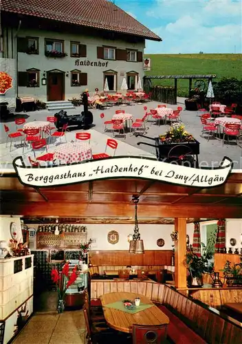 AK / Ansichtskarte Isny_Allgaeu Berggasthaus Haldenhof Terrasse Gaststube Isny Allgaeu