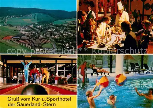 AK / Ansichtskarte Willingen_Sauerland Fliegeraufnahme Kur und Sporthotel Sauerland Stern Bowling Gastraum Hallenbad Willingen_Sauerland