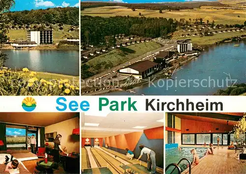 AK / Ansichtskarte Kirchheim_Hessen See Park Kirchheim Fliegeraufnahme Zimmer Kegelbahn Hallenbad Kirchheim Hessen