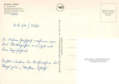 AK / Ansichtskarte Triesdorf Gasthof Adler Gaststube Terrasse Waldweg Triesdorf