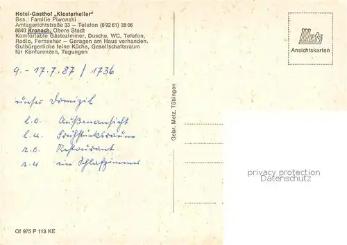 AK / Ansichtskarte Kronach_Oberfranken Hotel Gasthof Klosterkeller Gastraeume Zimmer Kronach Oberfranken