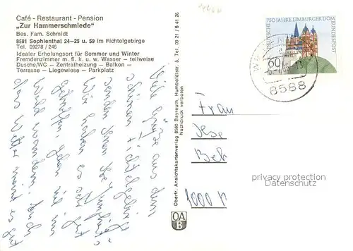 AK / Ansichtskarte Sophienthal_Oberfranken Cafe Restaurant Pension Zur Hammerschmiede Gaststube Gartenterrasse Sophienthal Oberfranken