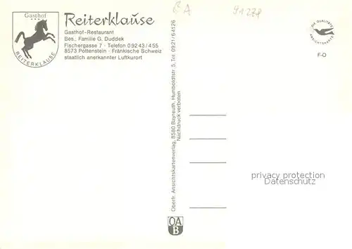 AK / Ansichtskarte Pottenstein_Oberfranken Gasthof Restaurant Reiterklause Gastraeume Zimmer Pottenstein_Oberfranken