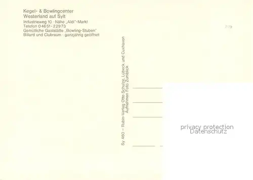 AK / Ansichtskarte Westerland_Sylt Kegel und Bowlingcenter Kegelbahn Scherenbahn Bowlingbahn Bowlingstuben Westerland_Sylt