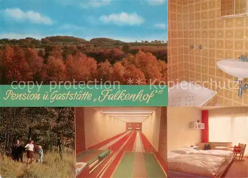 AK / Ansichtskarte Brux_Westensee Pension Gaststaette Falkenhof Fremdenzimmer Kegelbahn Ponyreiten Landschaftspanorama Brux_Westensee