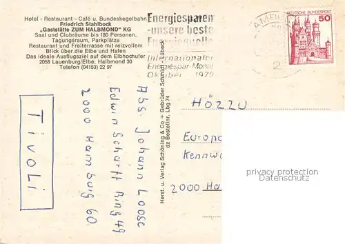 AK / Ansichtskarte Lauenburg_Elbe Gaststaette Zum Halbmond Hotel Restaurant Cafe Bundeskegelbahn Terrasse Fernsicht Lauenburg Elbe