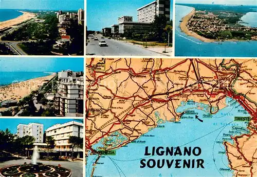 AK / Ansichtskarte Lignano Teilansichten Strand Gebietskarte Fliegeraufnahme Lignano