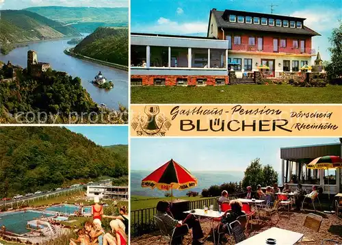 AK / Ansichtskarte Doerscheid Gasthaus Pension Bluecher Restaurant Terrasse Freibad Panorama Rheintal Burg Doerscheid