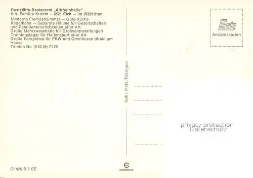 AK / Ansichtskarte Eich_Rheinhessen Gaststaette Restaurant Altrheinhalle Sporthalle Kegelbahn Eich Rheinhessen
