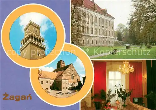 AK / Ansichtskarte Zagan Miasto nad rzeka Bobr Obecnie wazny osrodek Wieza ratuszowa Gotycki  Baokowy palac Antonio della Porta Palac Kultury Zagan