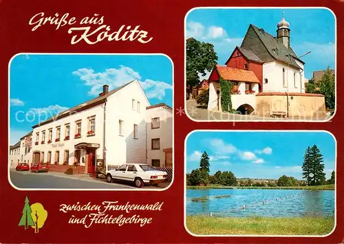 AK / Ansichtskarte Koeditz_Oberfranken ADAC Hotel Gasthof Dippold Kirche Uferpartie an der Saale Koeditz Oberfranken