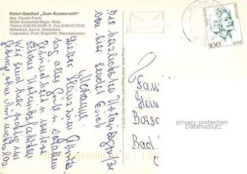 AK / Ansichtskarte Geiersthal_Regen Hotel Gasthof Zum Kramerwirt im Bayerischen Wald Hallenbad Geiersthal_Regen