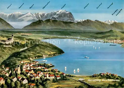 AK / Ansichtskarte Herrsching_Ammersee mit Kloster Andechs und Zugspitze Wettersteingebirge Panoramakarte aus der Vogelperspektive Kuenstlerkarte Herrsching Ammersee