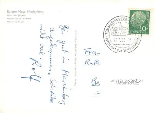 AK / Ansichtskarte Marienberg_Westerwald Haus der Jugend Europa Haus Ortsansicht mit Kirche Marienberg_Westerwald