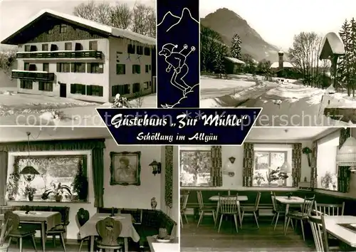 AK / Ansichtskarte Schoellang Gaestehaus Zur Muehle Gastraum Winterlandschaft Alpen Schoellang