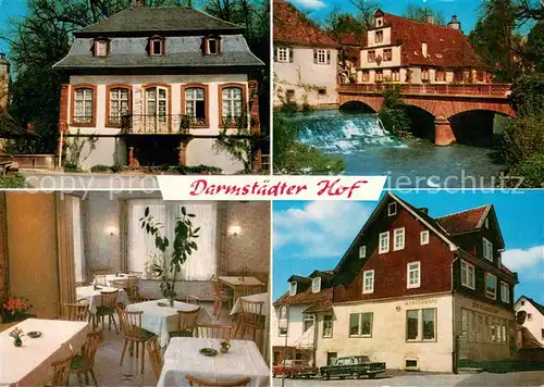 AK / Ansichtskarte Steinbach_Michelstadt Gasthaus Pension Darmstaedter Hof Gastraum Bruecke Wehr Steinbach_Michelstadt