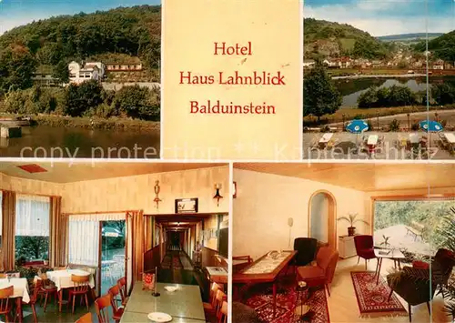 AK / Ansichtskarte Balduinstein Hotel Haus Lahnblick Restaurant Aufenthaltsrum Panorama Balduinstein