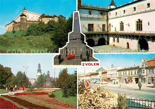 AK / Ansichtskarte Zvolen Zamok Prestovany Restourovane nadvorie Zwolenskeho zamku Park Cervenej armady Cosi mesta Pamatnik Cervene armady Zvolen
