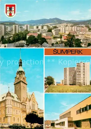 AK / Ansichtskarte Sumperk Celkovy pohled Radnice Vezove domy na Jesenicke ulici Kulturni dum Sumperk