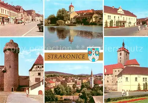 AK / Ansichtskarte Strakonice Vznikly pod nizinnym hradem ostrohu reky Otavy Hradu dominuje goticka vez Rumpol a hranolova Mestsky chram se stihlou vezi ma vzhled z roku Strakonice